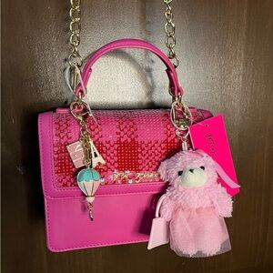 Betsey Johnson Fuchsia Sequin Bag with Plush Bear Charm